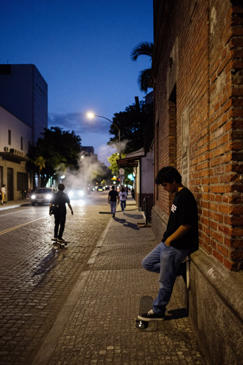 Indigo Twilight Buenos Aires Street Scene with Skateboarder and Condensation on Glass in in Buenos Aires, Argentina