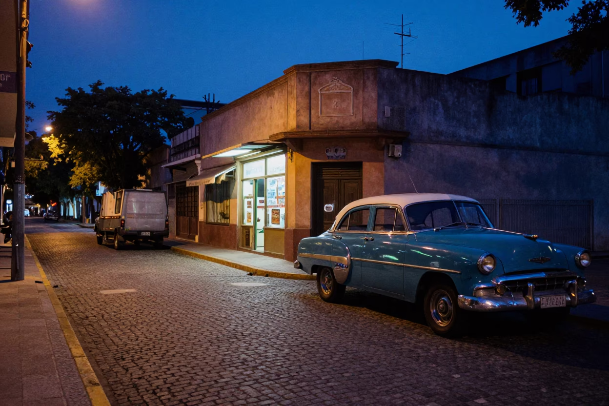Indigo Twilight Buenos Aires Street Scene with Vintage 1970s Atmosphere in in Buenos Aires, Argentina