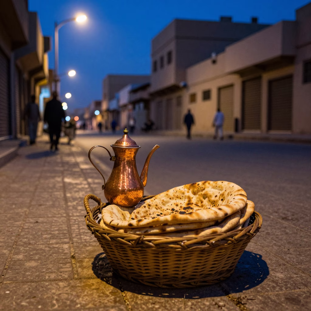 Indigo Twilight Cairo Street Scene with Copper Coffee Pot and Basket in in Cairo, Egypt