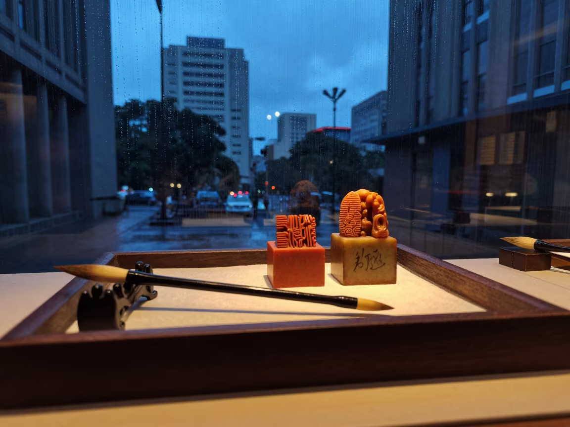 Indigo Twilight Calligraphy Brushes and Seals in in a ceremonial hall in São Paulo