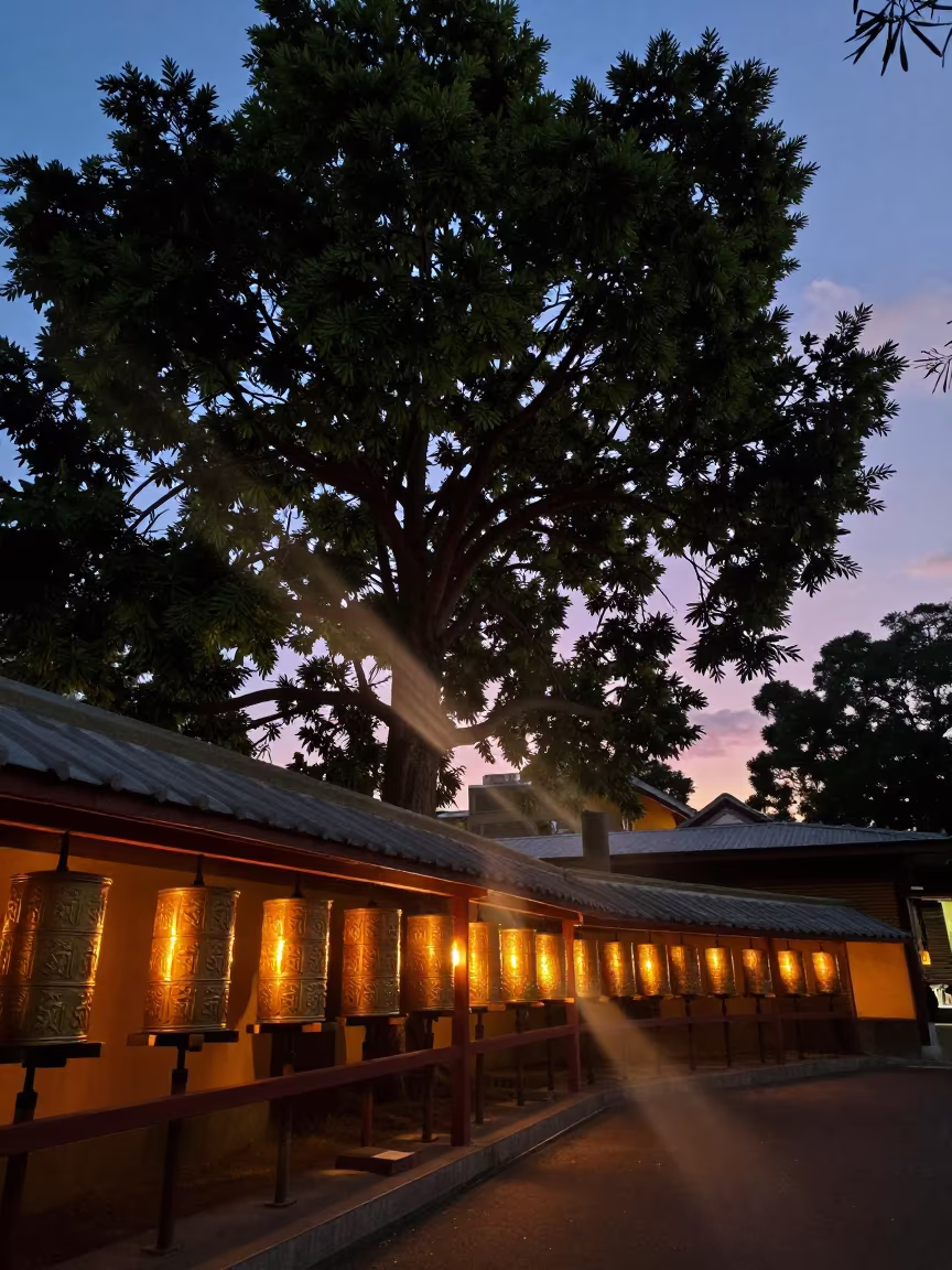 Indigo Twilight Camphor Tree Temple Brisbane in beside a prayer wheel corridor in Brisbane