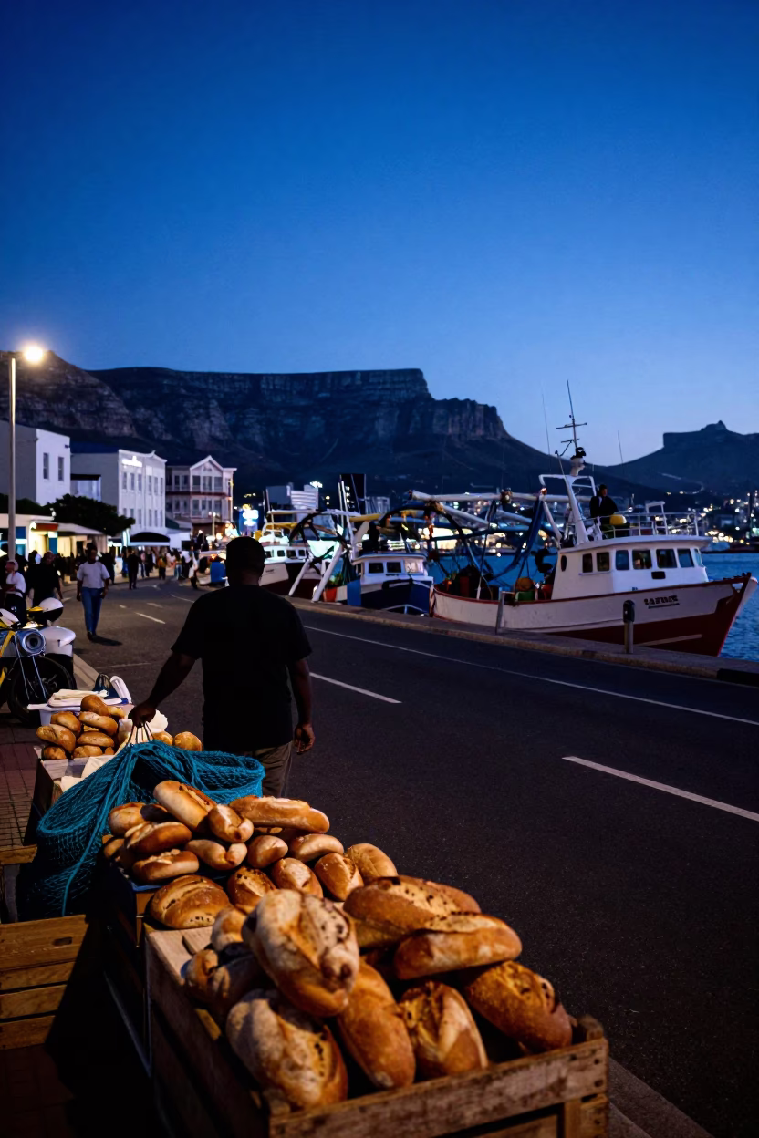 Indigo Twilight Cape Town Street Scene with Shrimp Trawler Nets and Local Market Activity in in Cape Town, South Africa