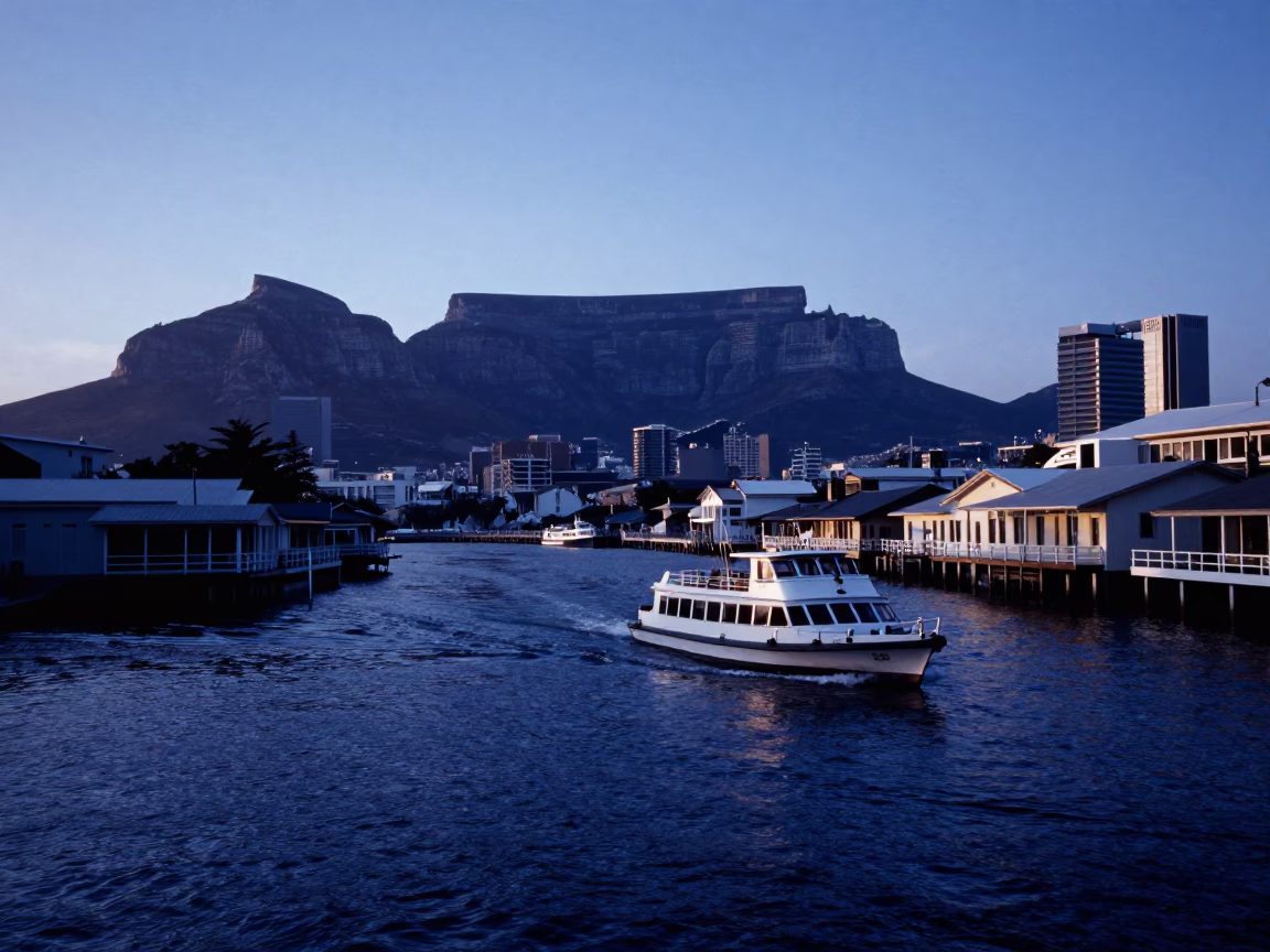 Indigo Twilight Cape Town Water Taxi Navigating Canal Houseboats in in Cape Town, South Africa