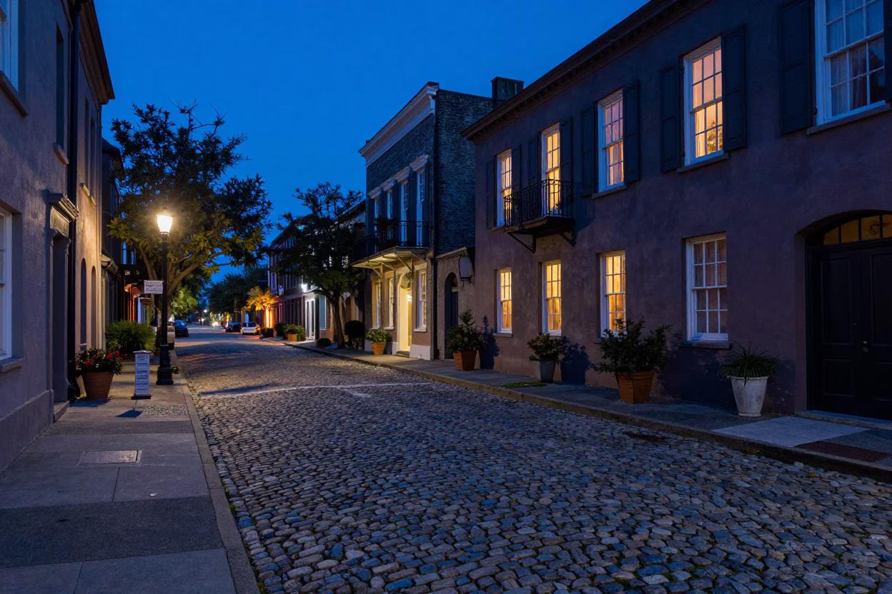 Indigo Twilight Charleston South Carolina Street Scene with Cobblestones and Historic Architecture in in Charleston, South Carolina, United States