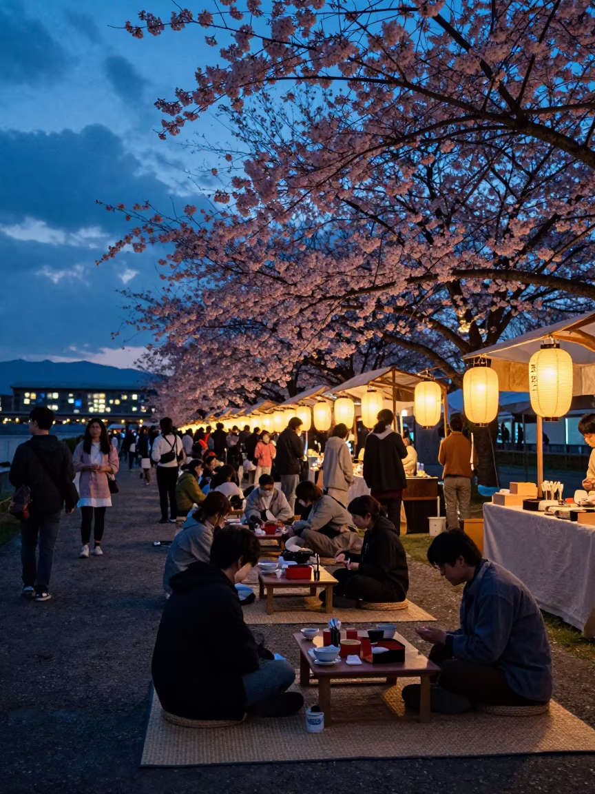Indigo Twilight Cherry Blossom Picnic Japan in at a night market in Minna
