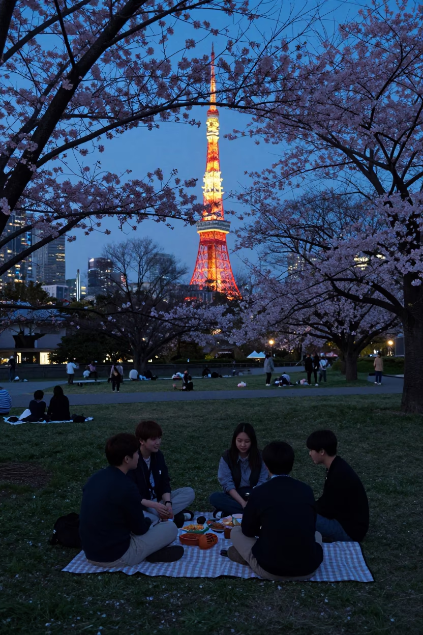Indigo Twilight Cherry Blossom Picnic Scene in Tokyo Park in in Tokyo, Japan