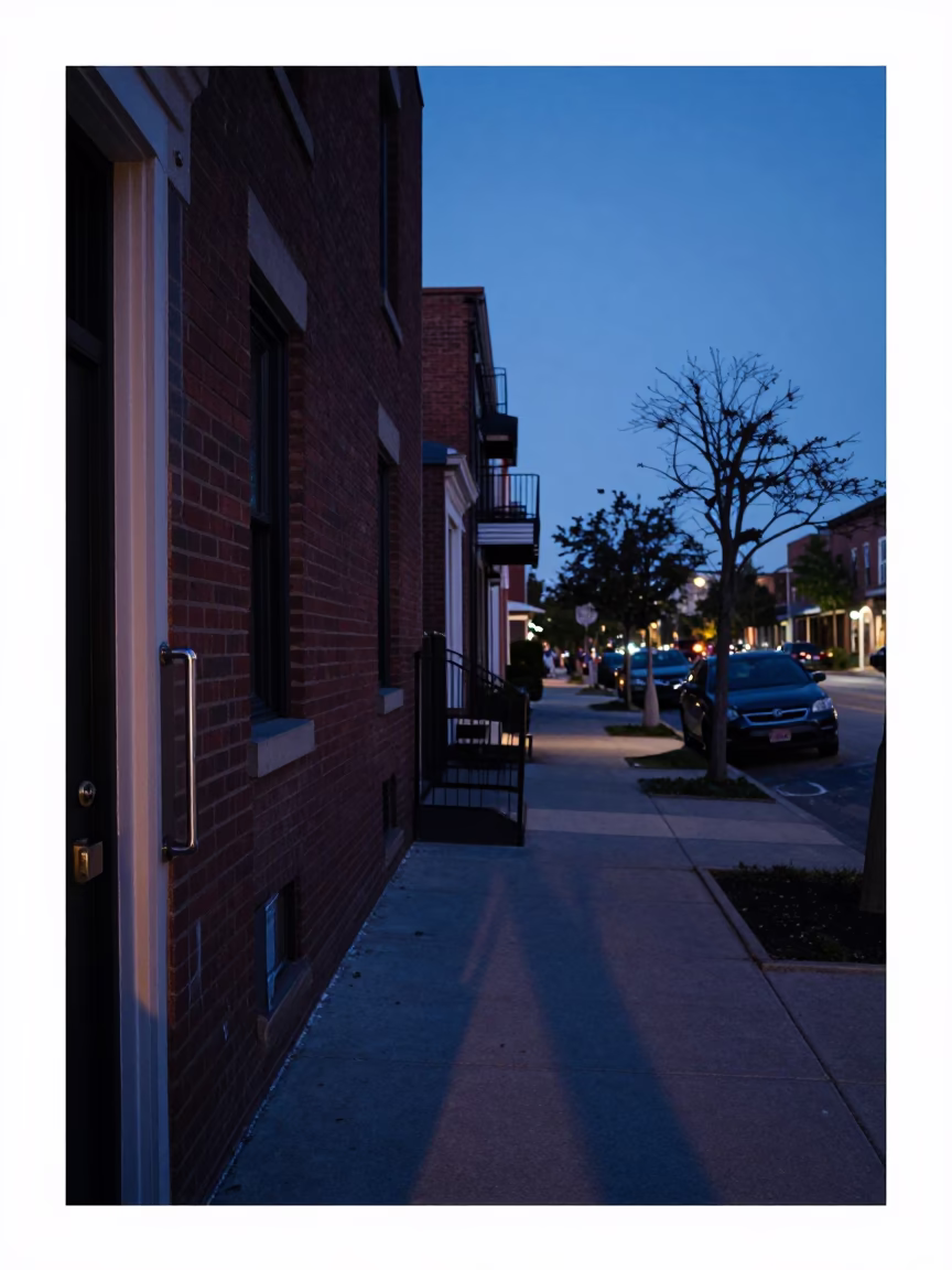 Indigo Twilight Chicago Street Scene with Door Handle and Wicker Basket in in Chicago, Illinois, United States