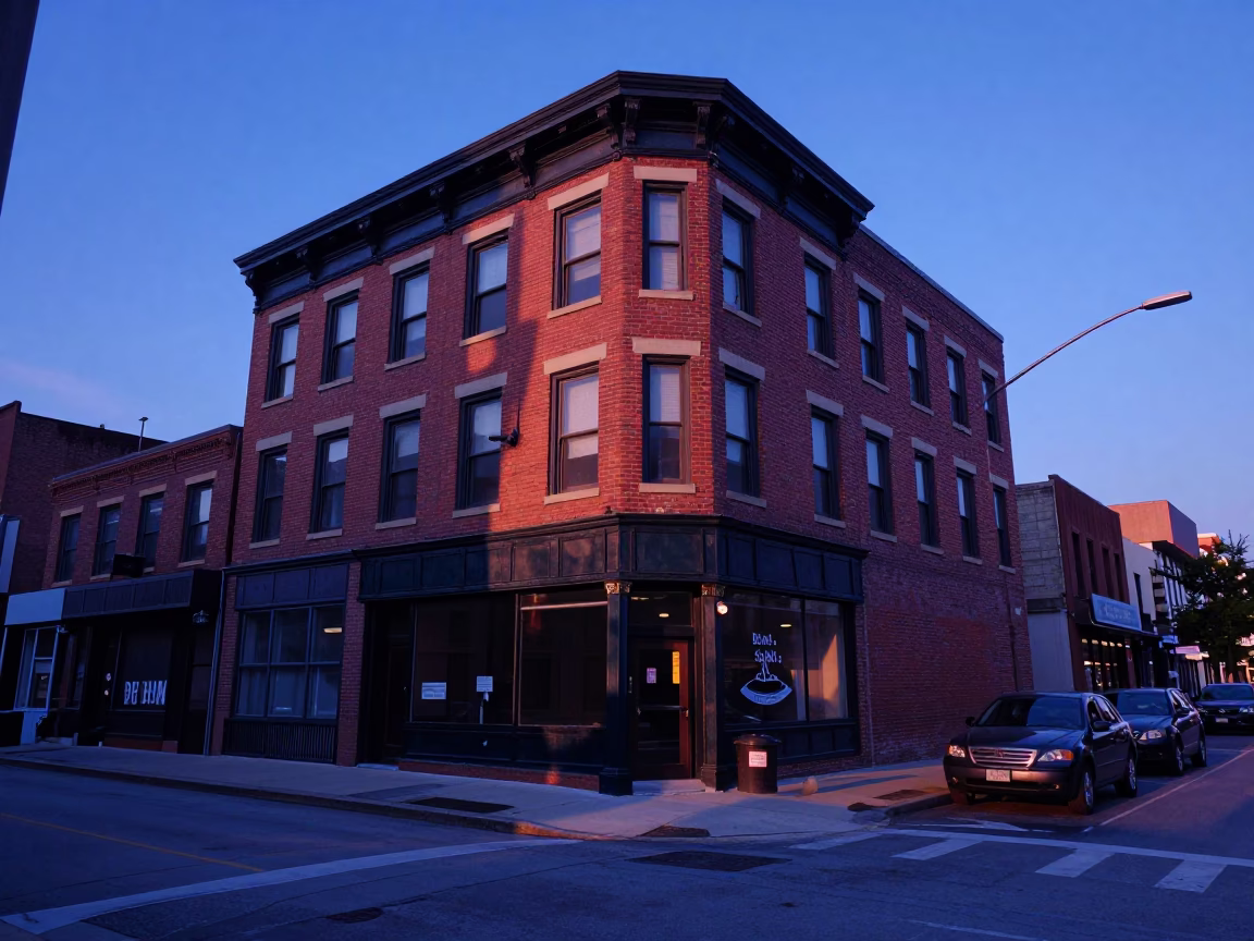 Indigo Twilight Chicago Street Scene with Vintage 1980s Architecture and Urban Life in in Chicago, Illinois, United States