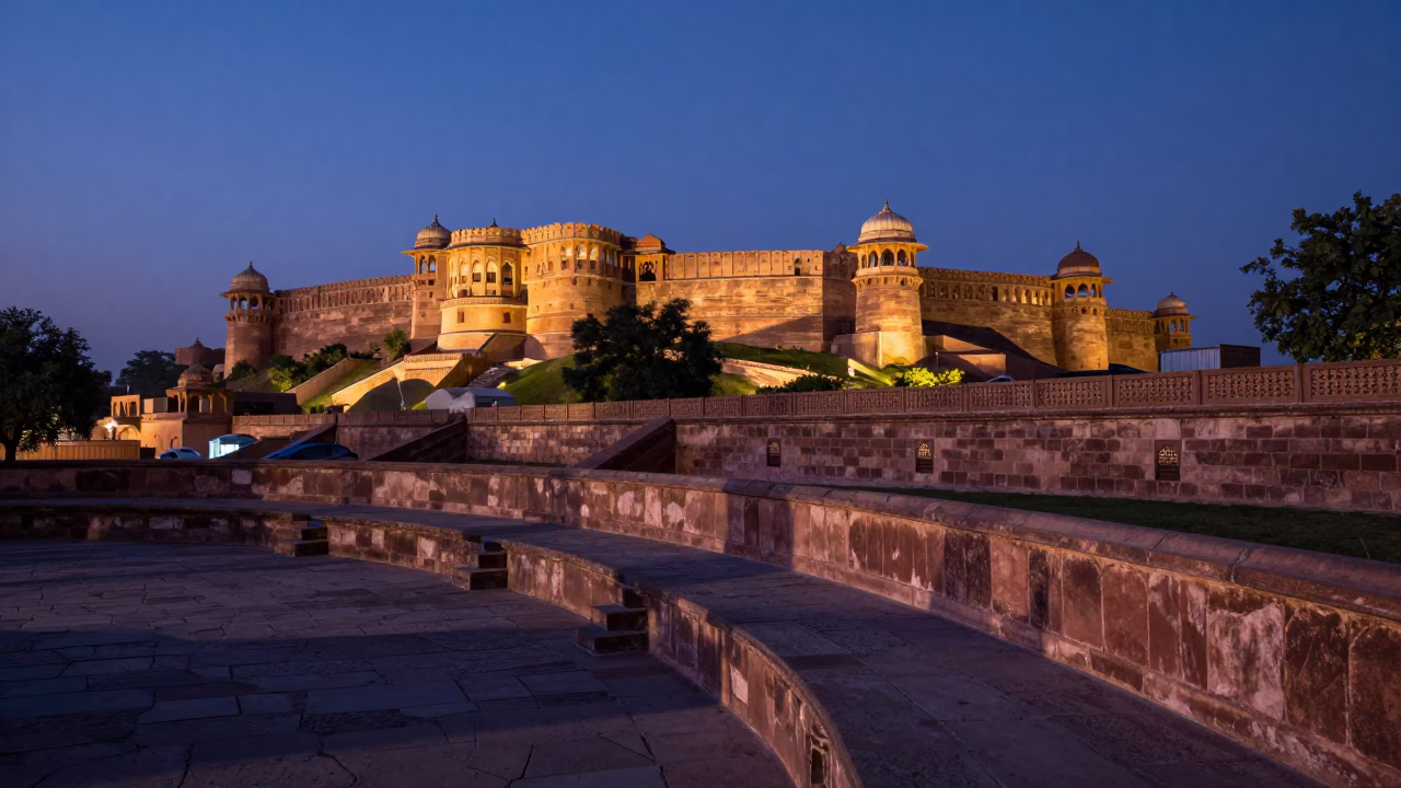 Indigo Twilight Cityscape of Jaipur India with Historic Fort and Street Life in in Jaipur, India