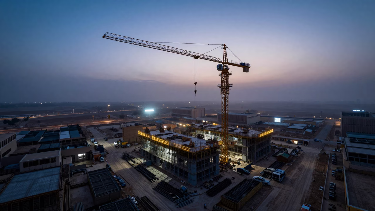 Indigo Twilight Construction Site with Tower Crane in beneath a tower crane on open ground in Ar Ramtha