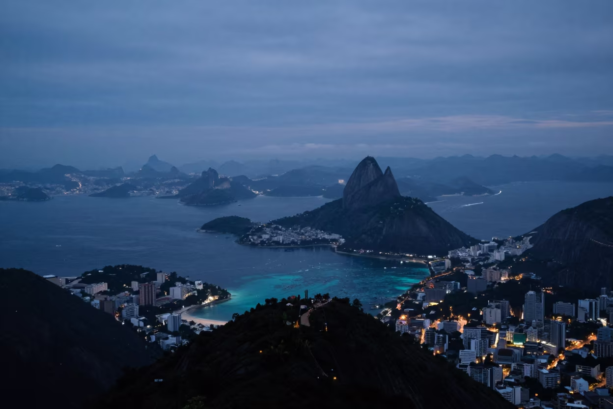 Indigo Twilight Coral Atoll Lagoon View in from a ridge above layered foothills near Rio de Janeiro