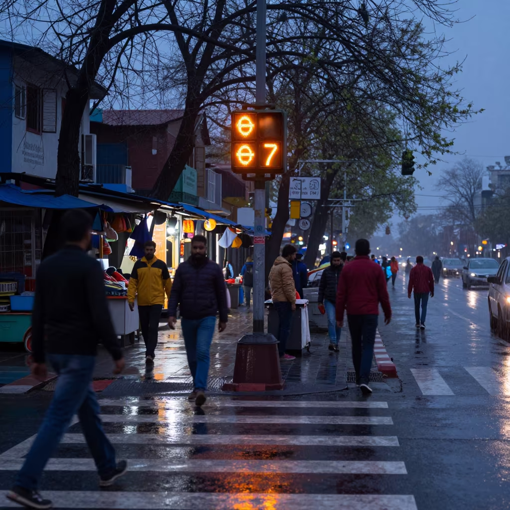Indigo Twilight Crosswalk Timer Srinagar Market in along a market-lined side street in Srinagar