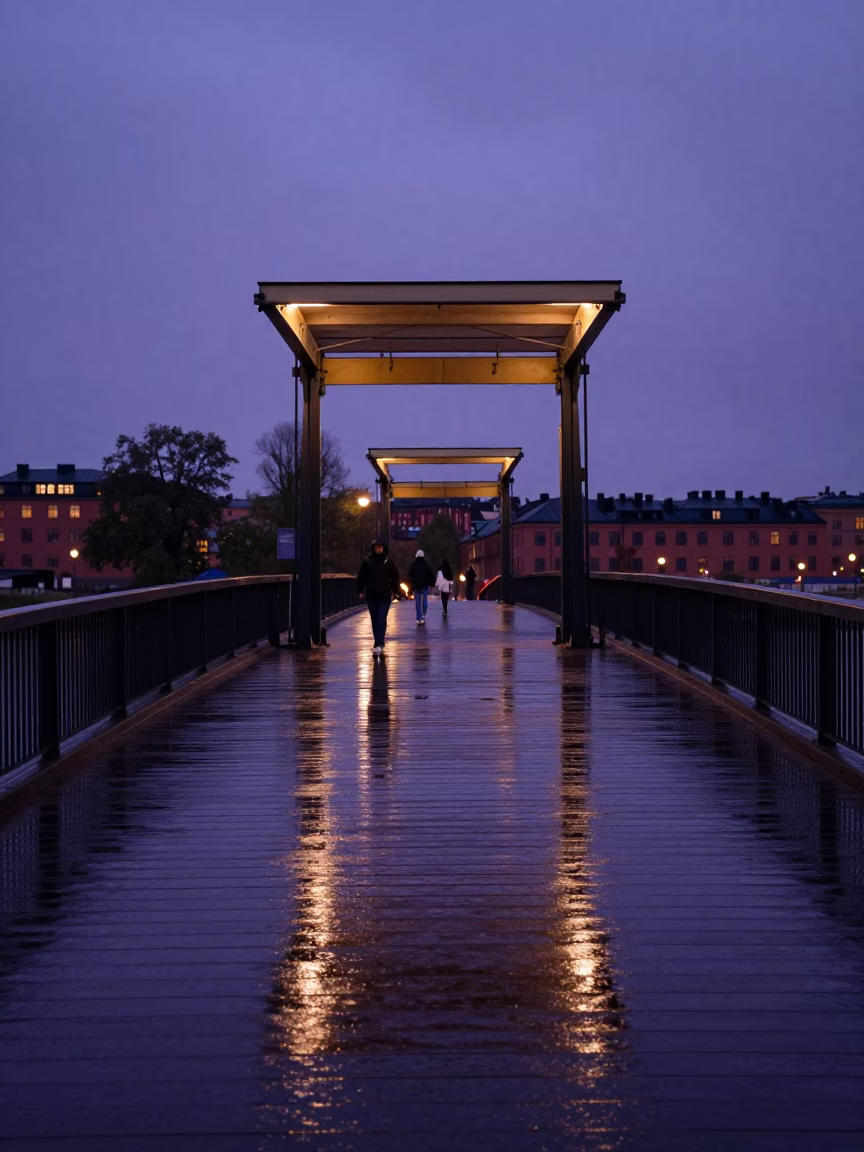 Indigo Twilight Drawbridge Deck Reflections in Stockholm Sweden Rain in in Stockholm, Sweden