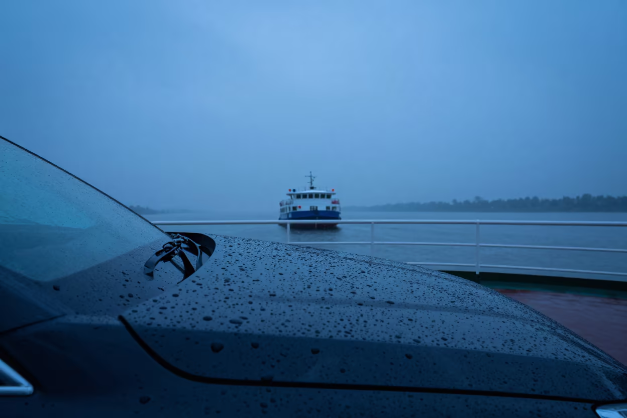 Indigo Twilight Drop on Car Hood Near Ferry in across a remote ferry crossing near Hyderabad