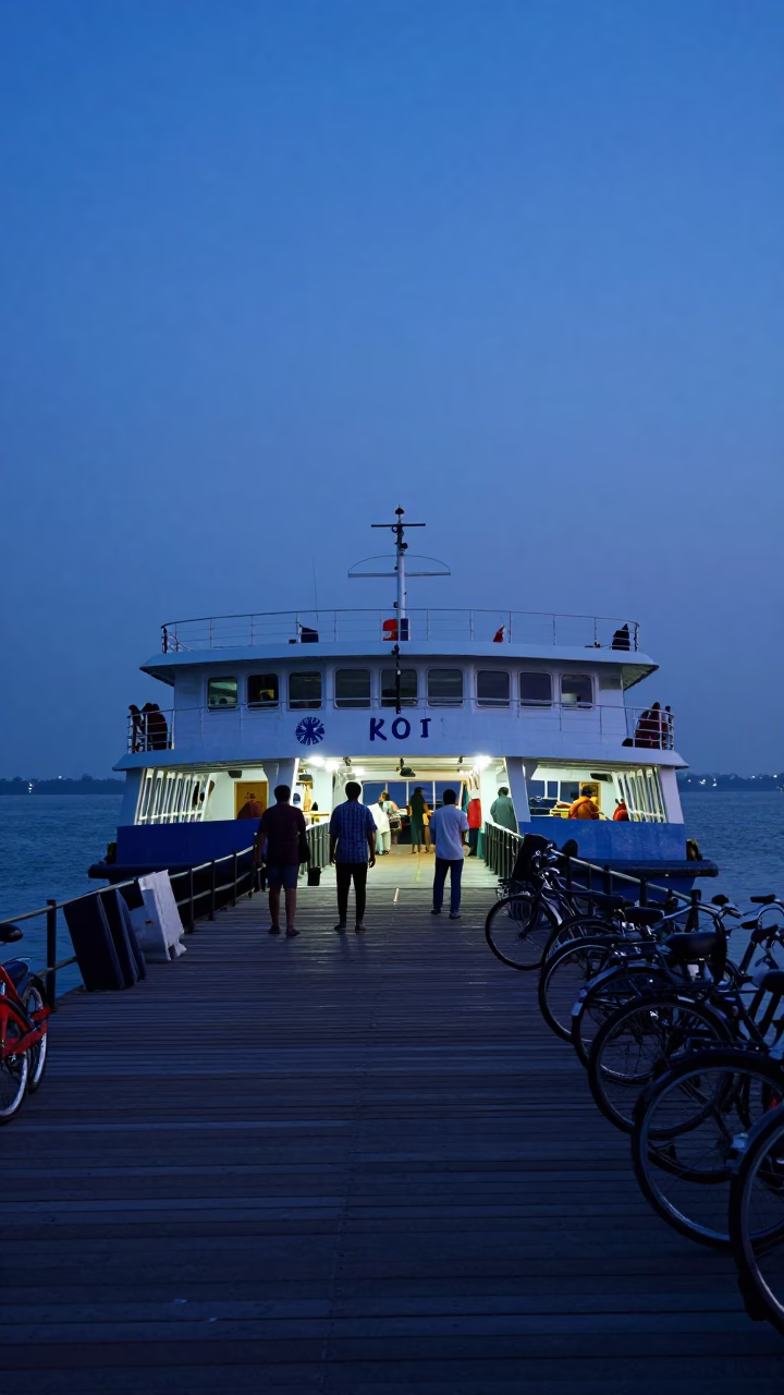 Indigo Twilight Ferry Dock in Kochi India with Passengers and Bicycles Loading in in Kochi, India