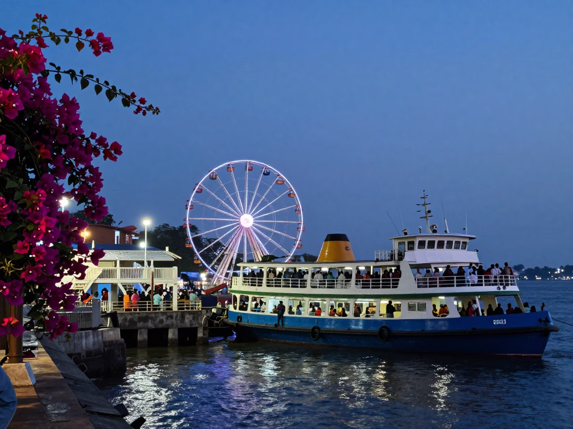Indigo Twilight Ferry Docking in Kochi India with Bougainvillea and Harbor Beacon in in Kochi, India