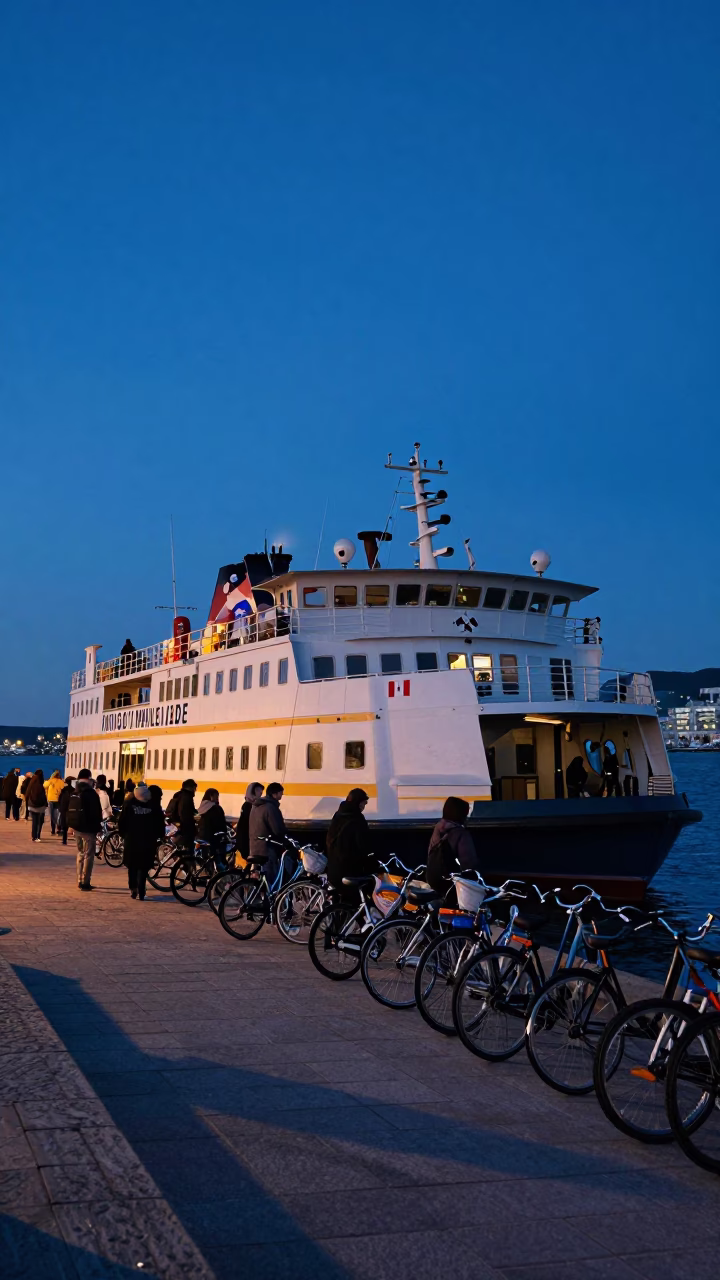Indigo Twilight Ferry Loading Passengers and Bicycles at Quebec City Dock in in Quebec City, Quebec, Canada