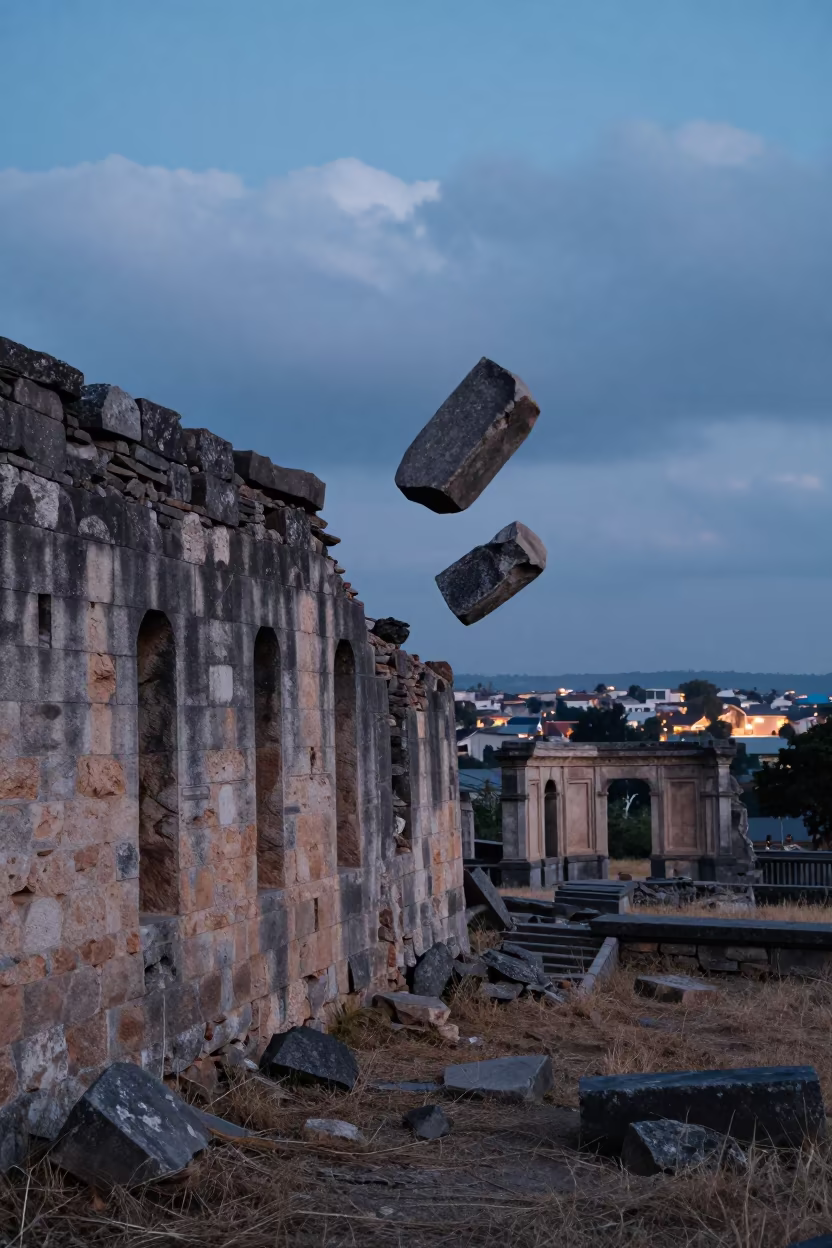 Indigo Twilight Ruins with Floating Stone in among collapsed cloisters near Ado Ekiti