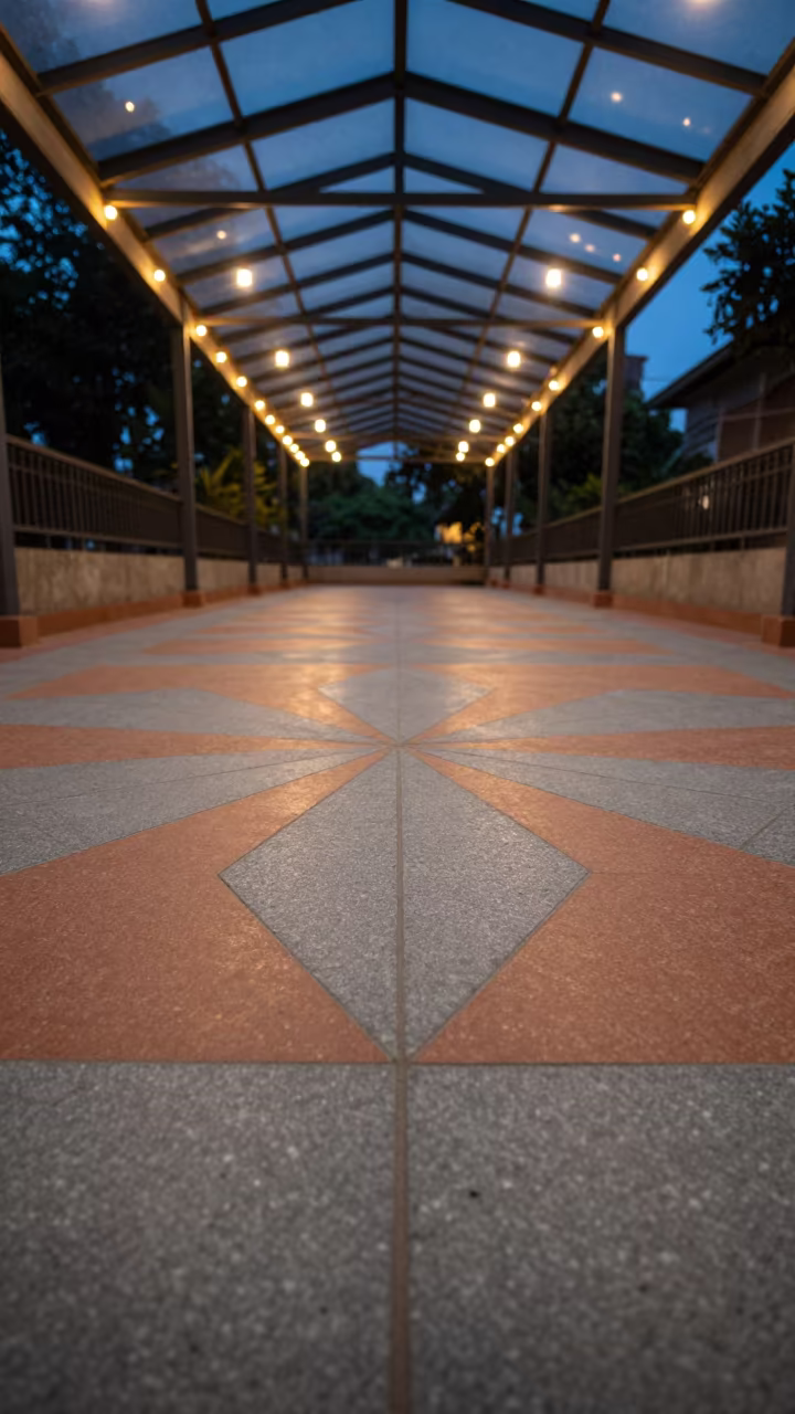 Indigo Twilight Floor Tiles in Dinajpur Arcade in inside a glass-roofed arcade in Dinajpur