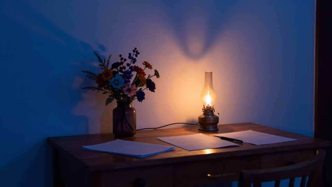 Indigo Twilight Flower Arrangement Puebla Desk in on a writing desk near Puebla