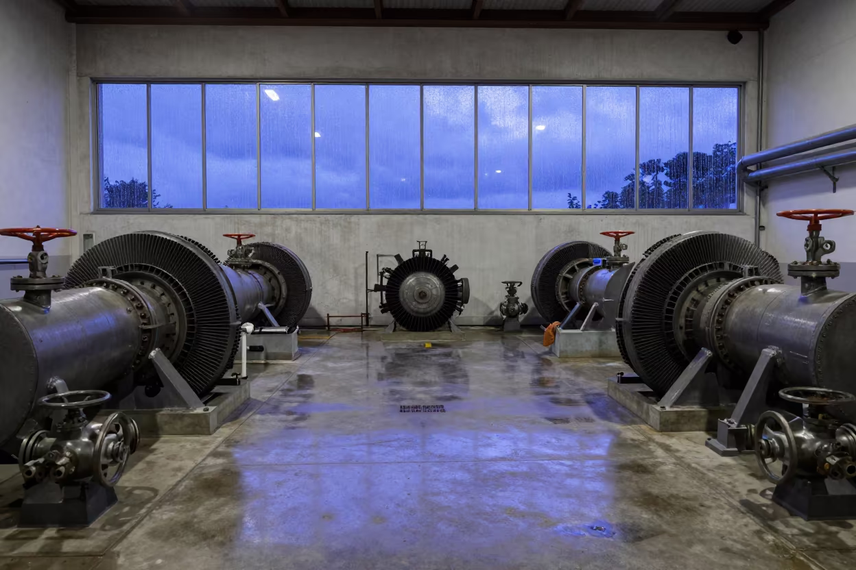 Indigo Twilight in Fortaleza Hydroelectric Turbine Hall in in a turbine hall near Fortaleza