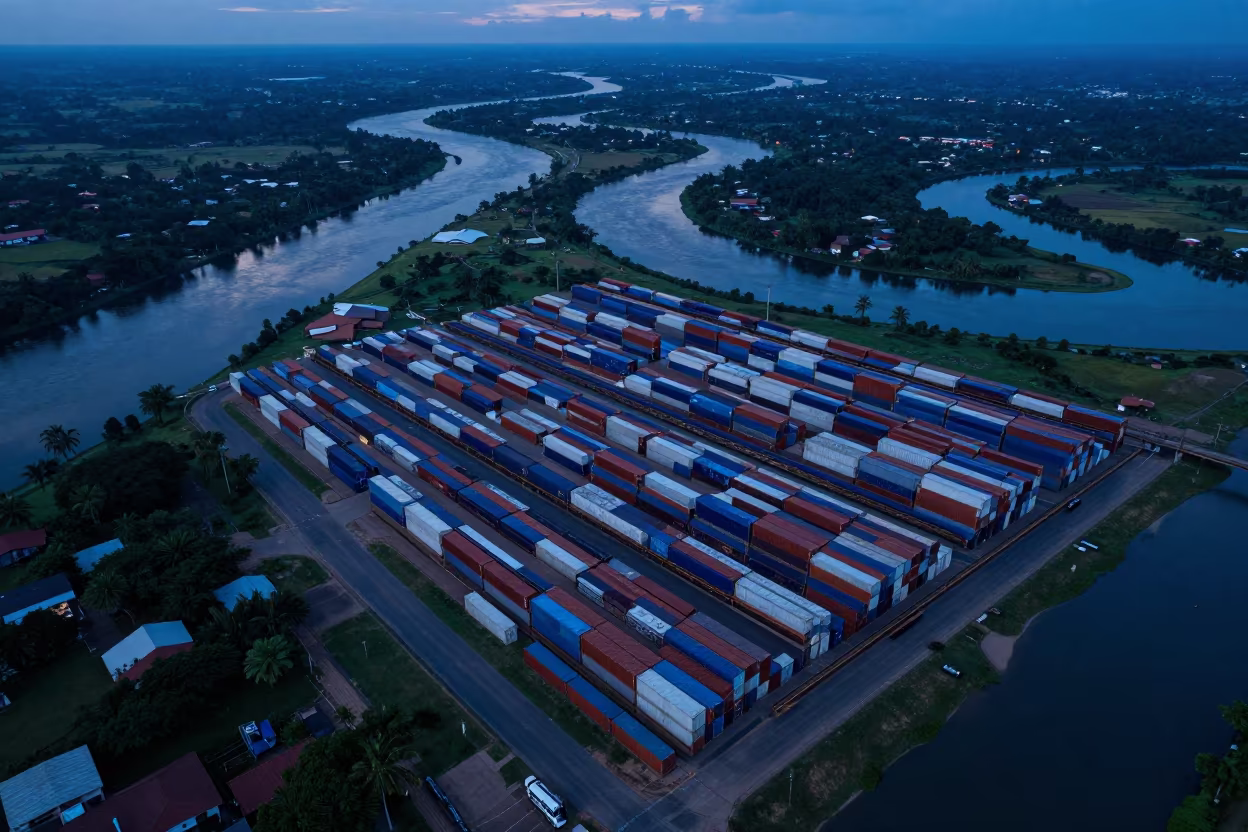 Indigo Twilight Freight Containers River Congo in far above river meanders in Congo