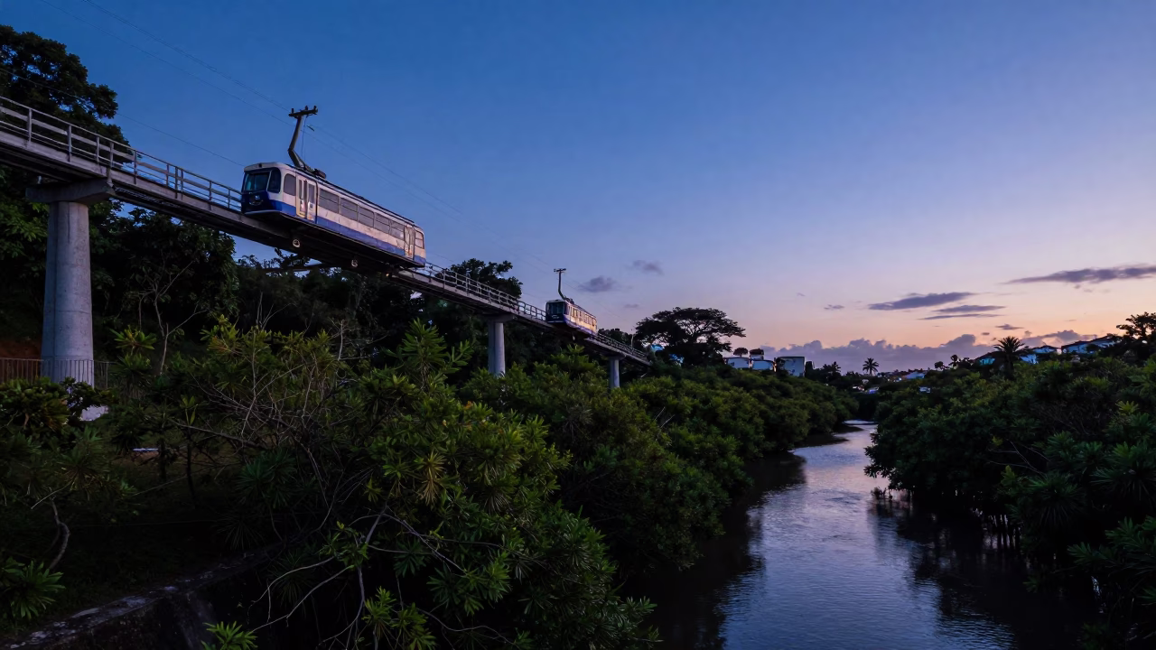 Indigo Twilight Funicular Climb in Salvador Brazil Mangrove Canal View in in Salvador, Brazil