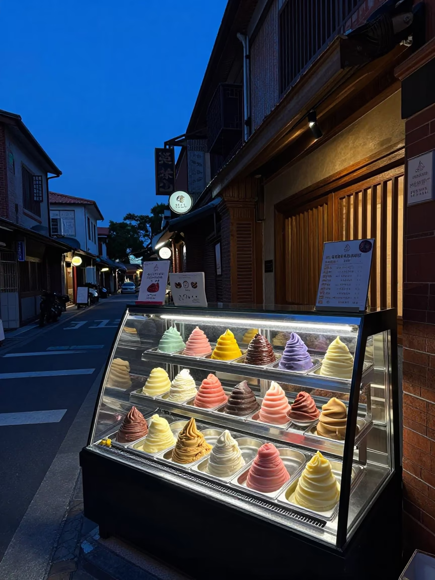 Indigo Twilight Gelato Display in Tainan Taiwan Shop Window with Street Life in in Tainan, Taiwan