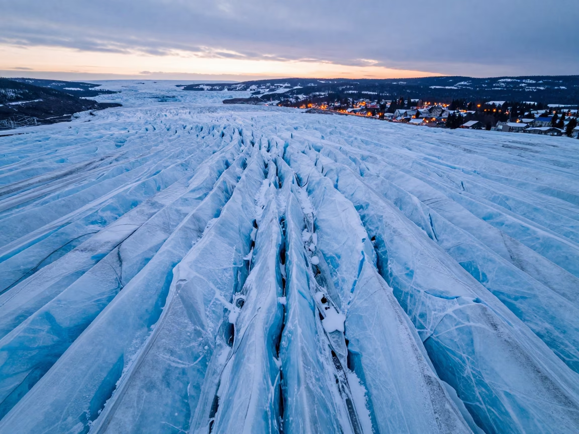 Indigo Twilight Glacier Crevasses Quebec Aerial in far above river meanders in Quebec