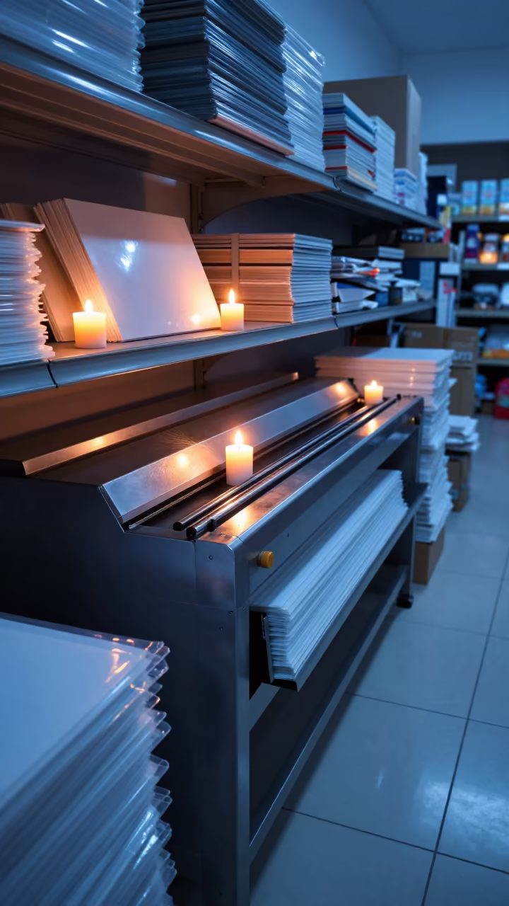 Indigo Twilight Glow on Laminator Bench in Mar del Plata in inside a bright retail aisle in Mar del Plata