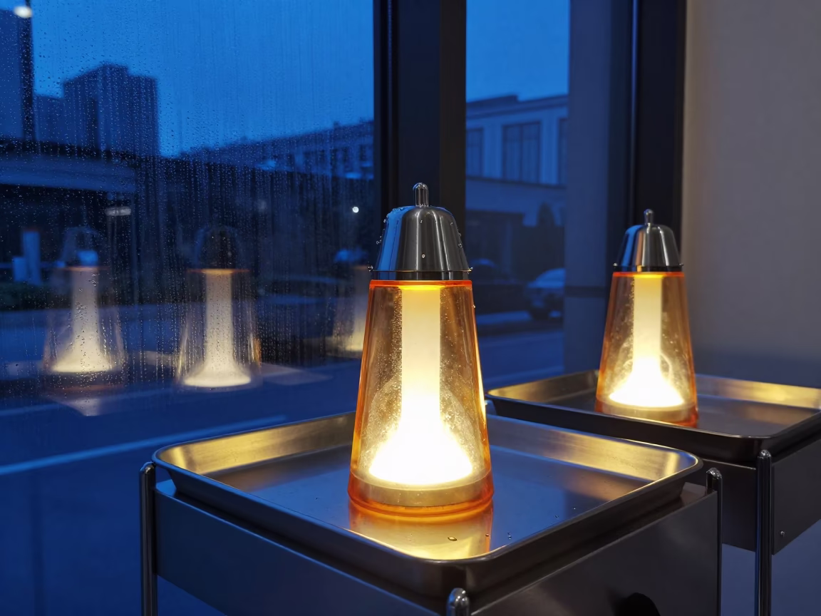 Indigo Twilight Glow on Stainless Trays in at a barber station beneath mirror bulbs in Nanjing
