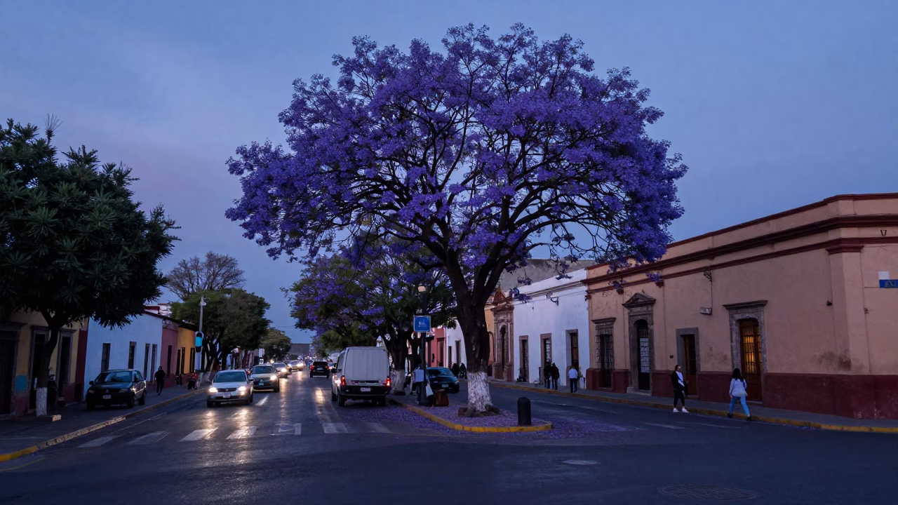 Indigo Twilight Guadalajara Street Scene with Jacaranda Tree and Yellow Taxi in in Guadalajara, Mexico