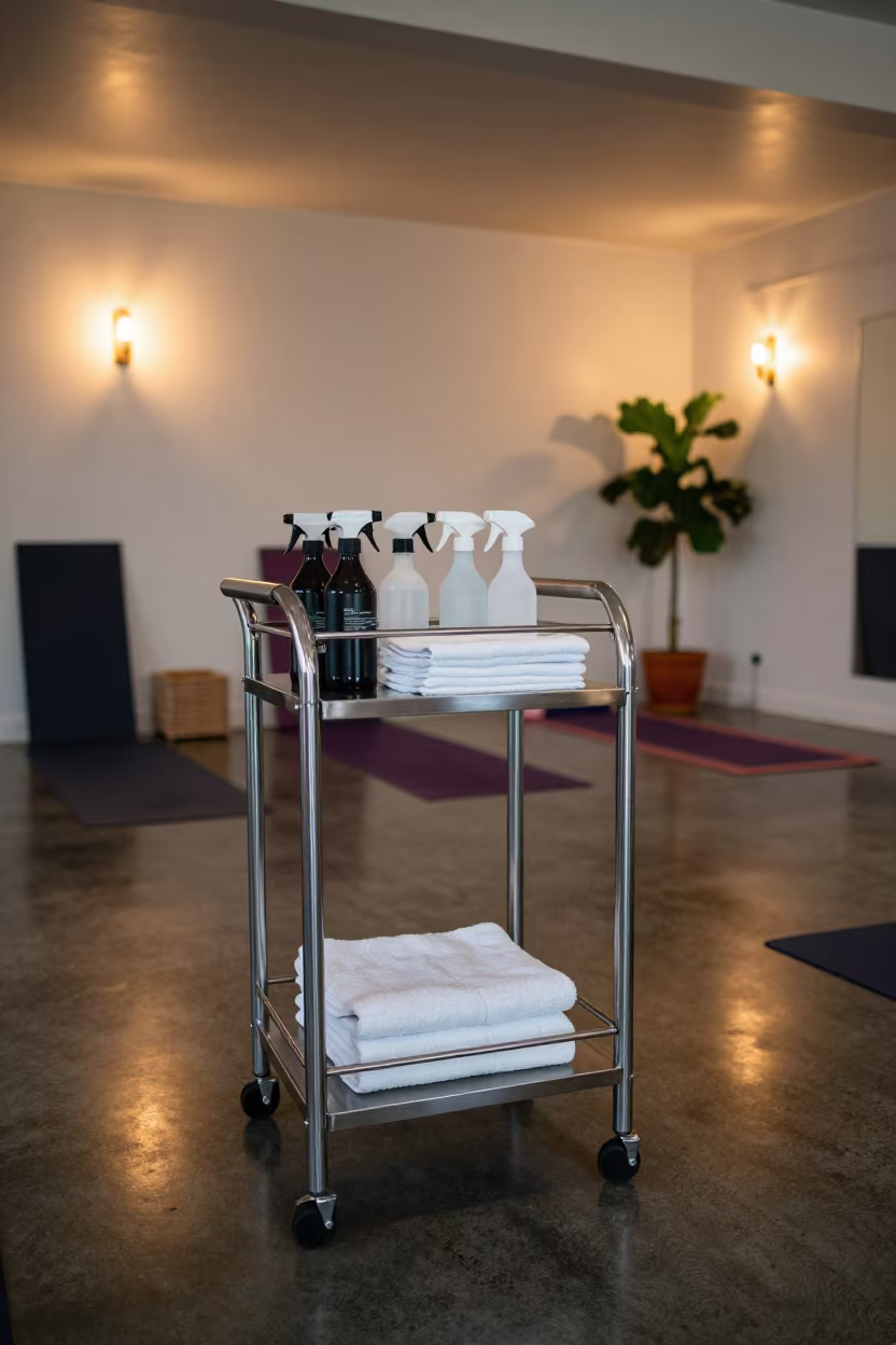 Indigo Twilight Gym Cleaning Cart in Apia Studio in inside a yoga studio before the session begins in Apia