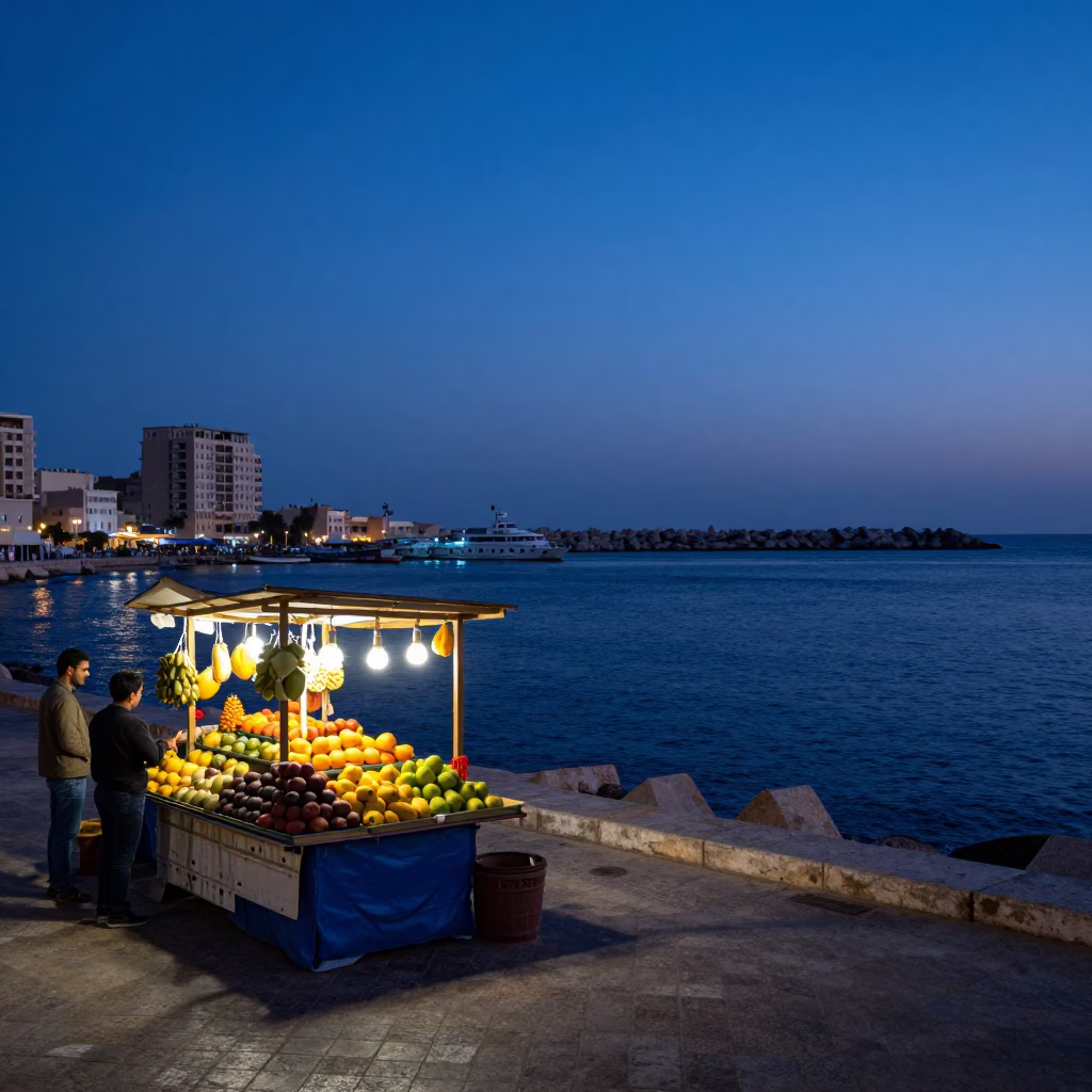 Indigo Twilight Harbor Scene in Alexandria Egypt with Fruit Stall and Breakwater in in Alexandria, Egypt