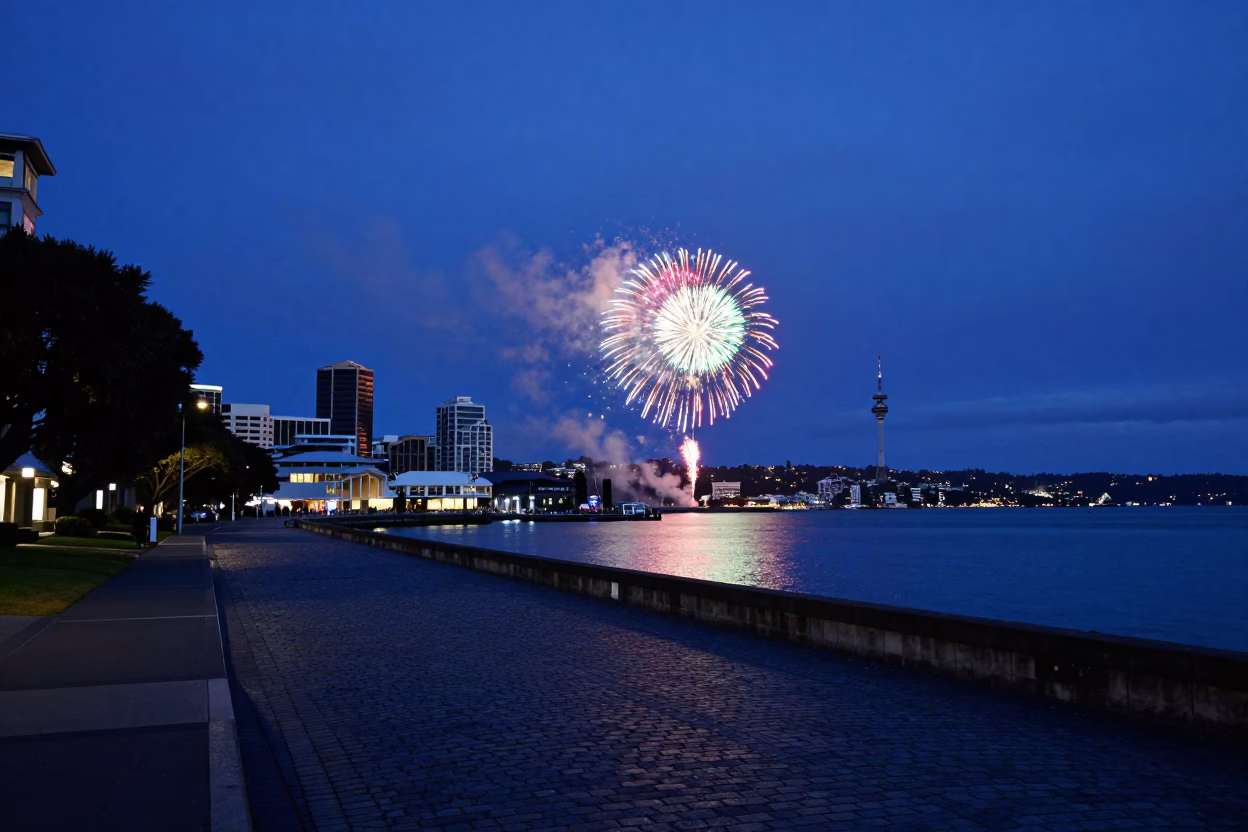 Indigo Twilight Harbor Scene in Auckland New Zealand with Fireworks Over Waterfront in in Auckland, New Zealand