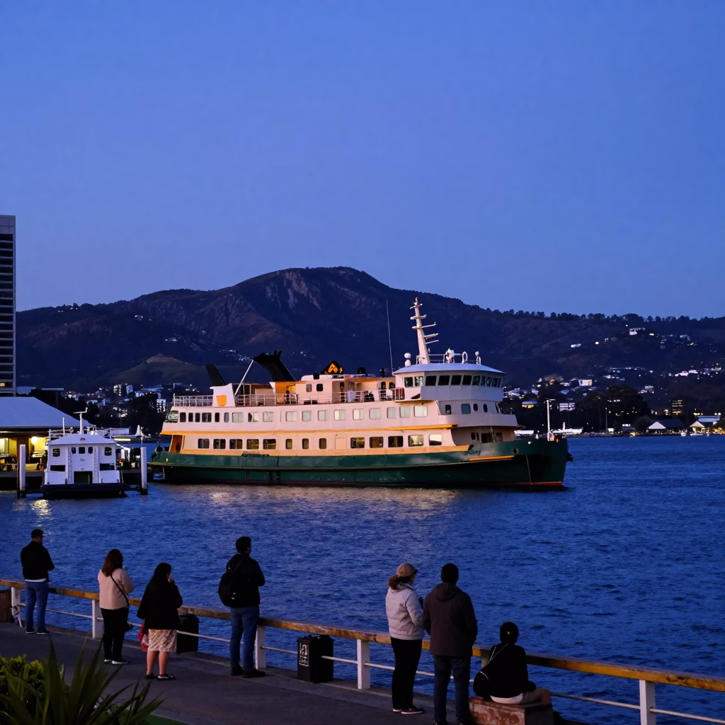 Indigo Twilight Harbor Scene in Hobart Tasmania with Ferry and Mountain Silhouettes in in Hobart, Tasmania, Australia