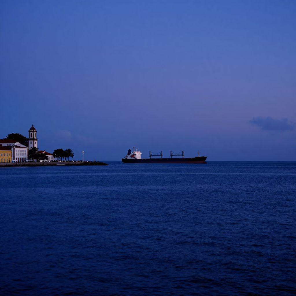 Indigo Twilight Harbor Scene in Salvador Brazil with Cargo Ship Horizon in in Salvador, Brazil