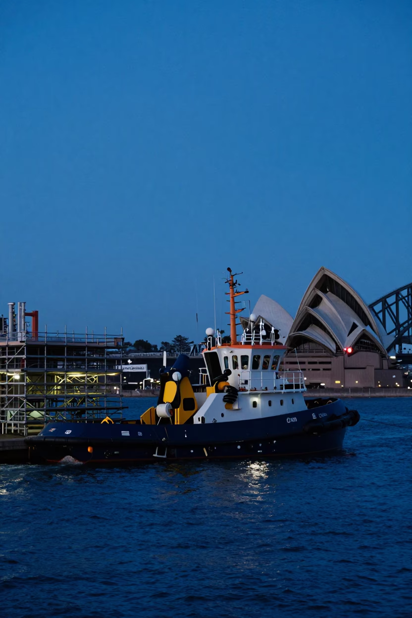 Indigo Twilight Harbor Scene with Tugboat and Scaffolding in Sydney New South Wales Australia in in Sydney, New South Wales, Australia