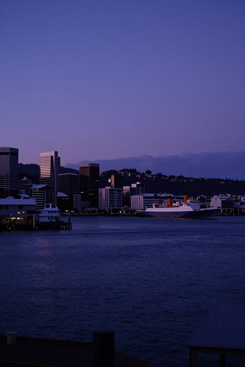 Indigo Twilight Harbor View of Wellington New Zealand with Distant Steamship and City Lights in in Wellington, New Zealand