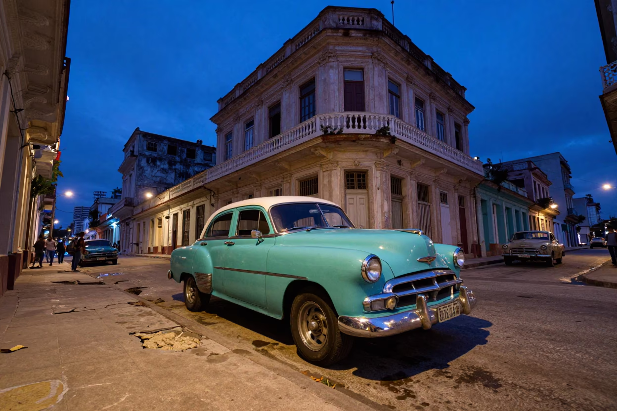 Indigo Twilight Havana Cuba Street Scene with Vintage Car and Local Pedestrians in in Havana, Cuba