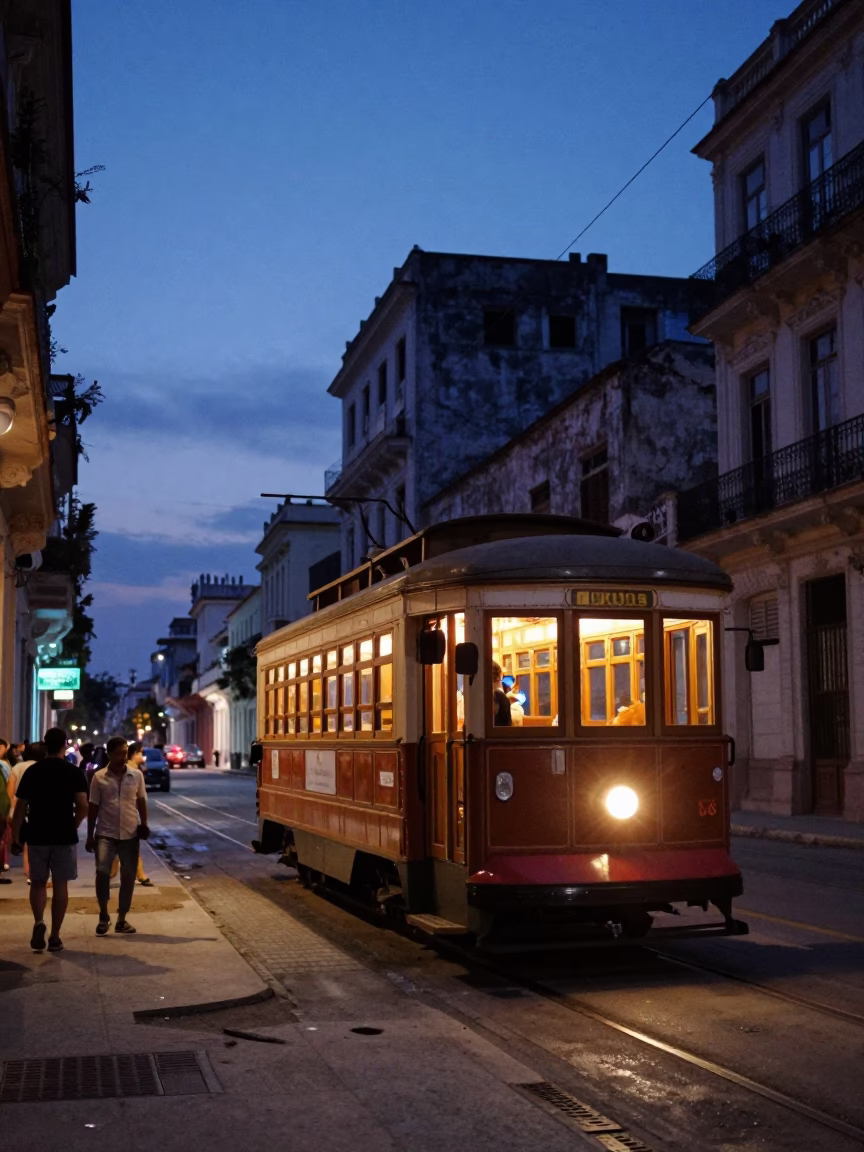 Indigo Twilight Havana Street Scene with Heritage Tram and Cobblestone Avenue in in Havana, Cuba