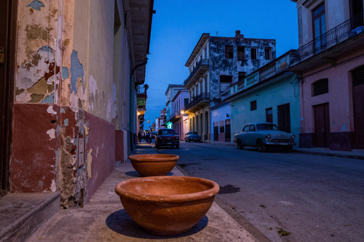 Indigo Twilight Havana Street Scene with Terracotta Bowls and Latch in in Havana, Cuba