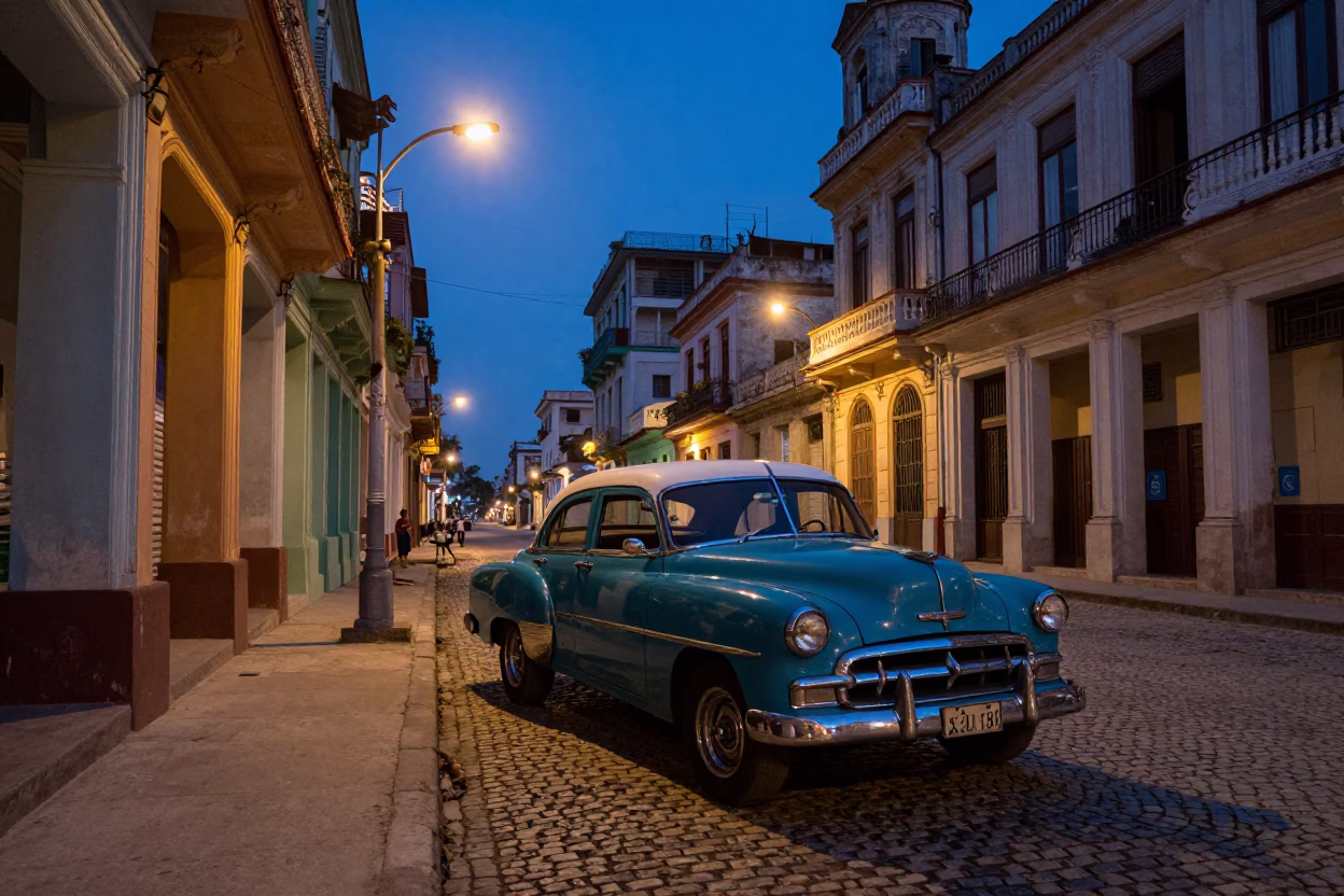 Indigo Twilight Havana Street Scene with Vintage 1950s Car and Geraniums in in Havana, Cuba