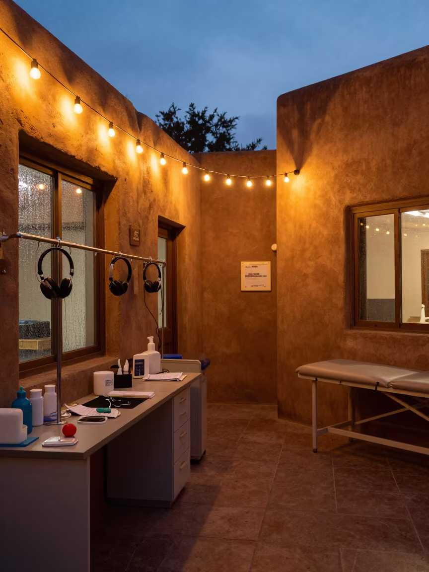 Indigo Twilight Headphone Rail Therapy Corridor in along a therapy corridor with organized equipment in Tlaquepaque