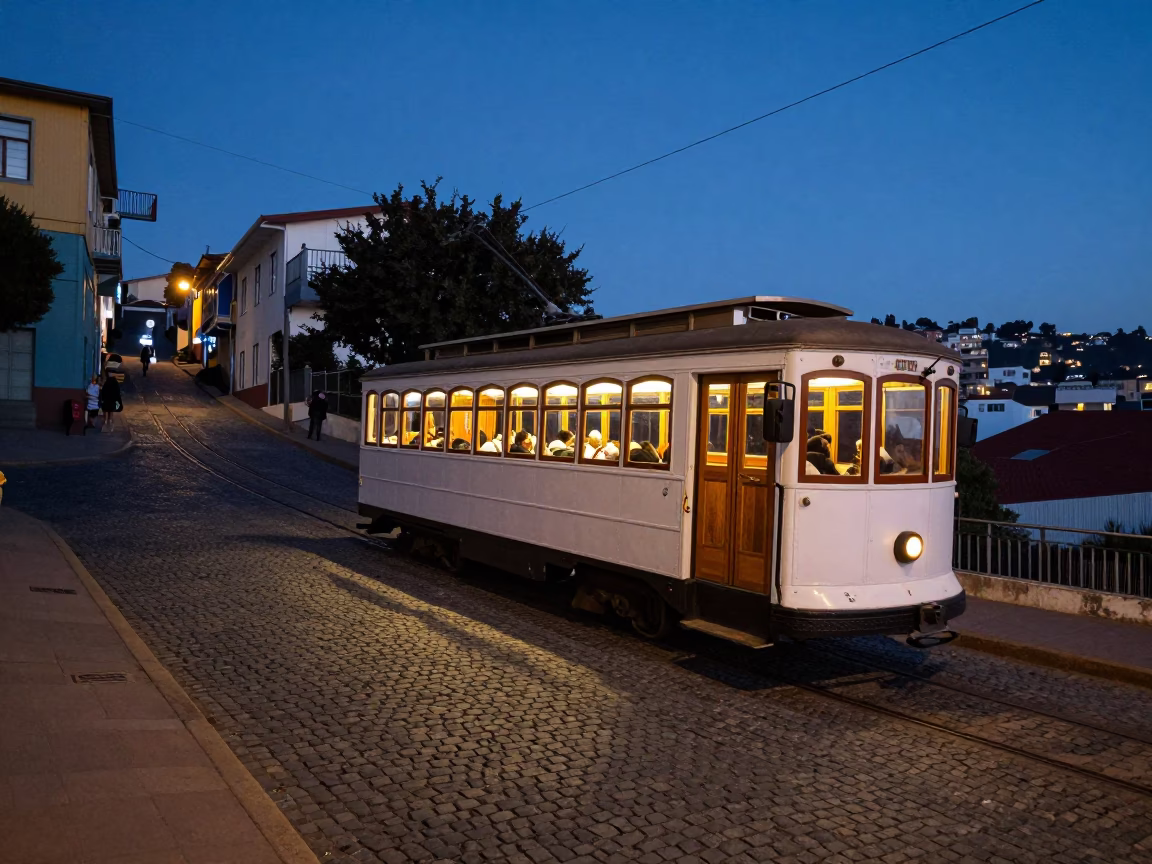 Indigo Twilight Heritage Tram on Cobblestone Avenue in Valparaiso Chile in in Valparaiso, Chile