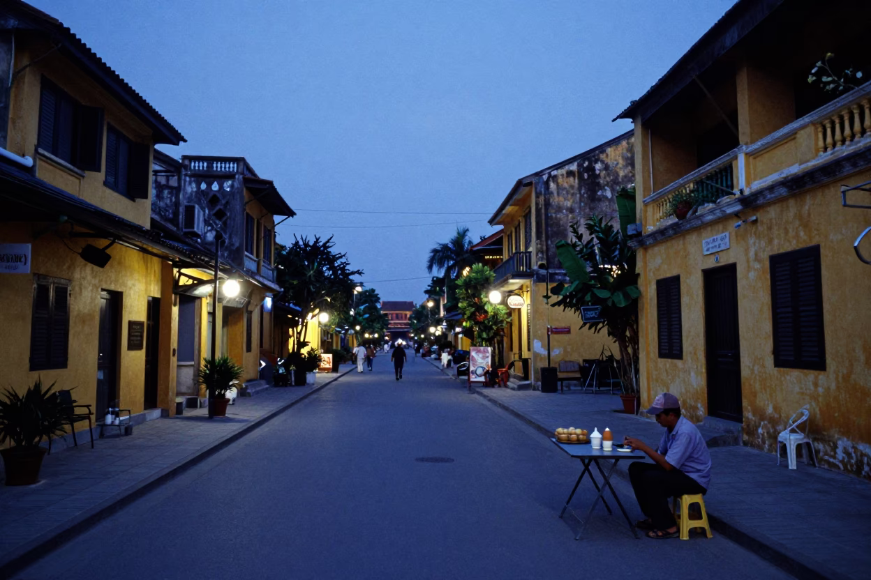 Indigo Twilight Hoi An Street Scene with Egg Coffee and Local Activity in in Hoi An, Vietnam