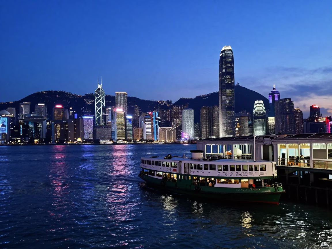 Indigo Twilight Hong Kong Street Scene with Water Taxi and Spicy Bibim Guksu in in Hong Kong, Hong Kong
