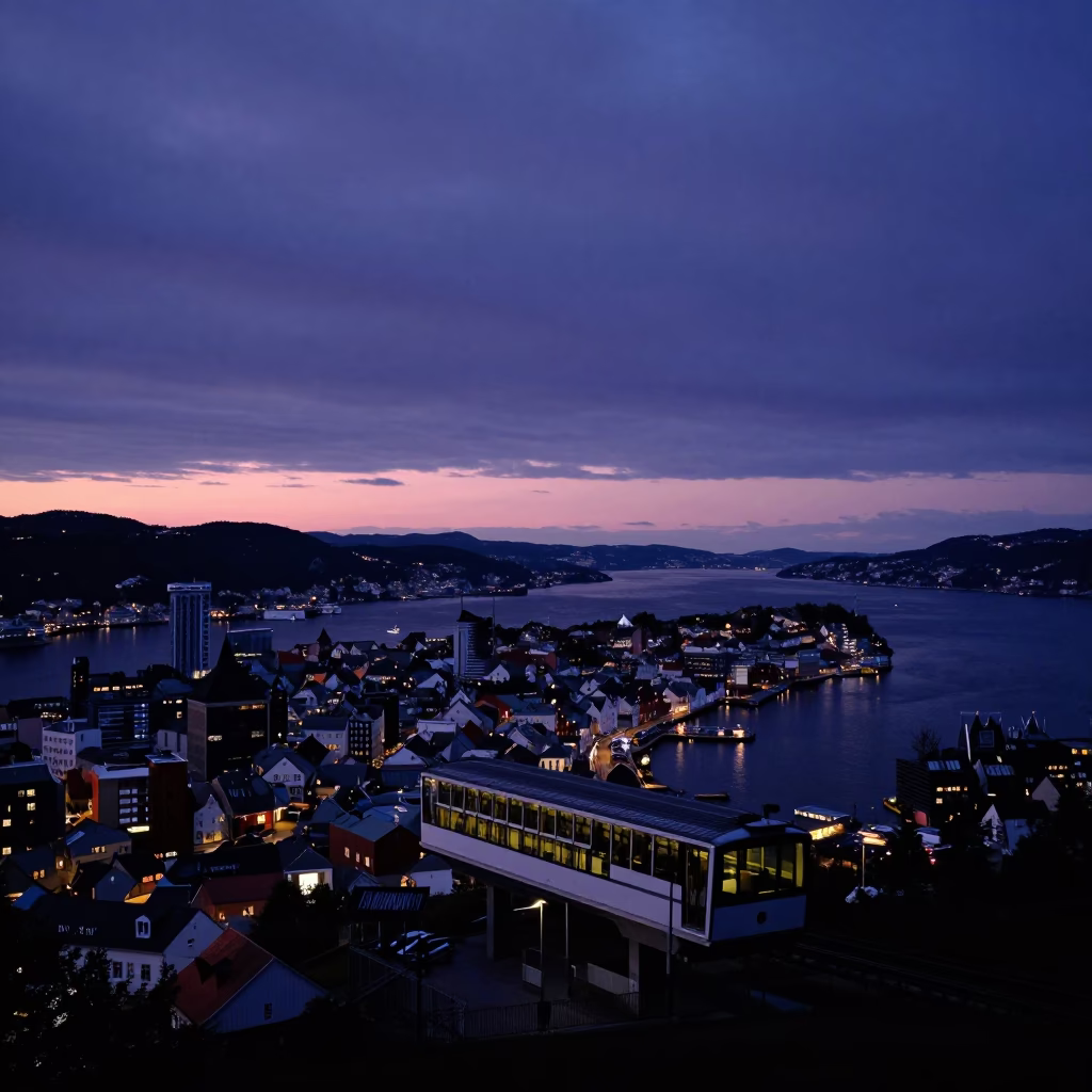 Indigo Twilight Horizon Shot of Bergen Norway Coastal Promenade with Heritage Tram and Rain in in Bergen, Norway