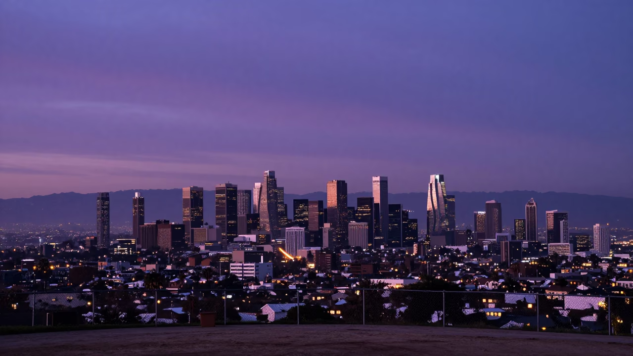 Indigo Twilight Horizon View of Los Angeles Cityscape with Distant Refinery Tanker Ship Docking in in Los Angeles, California, United States