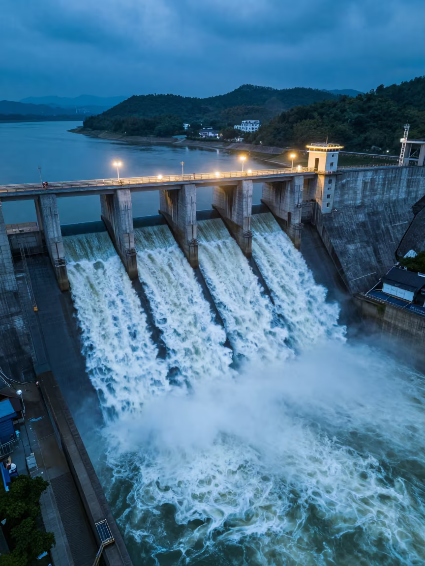 Indigo Twilight Hydro Dam Turbine Silhouette in beside a hydroelectric intake in China